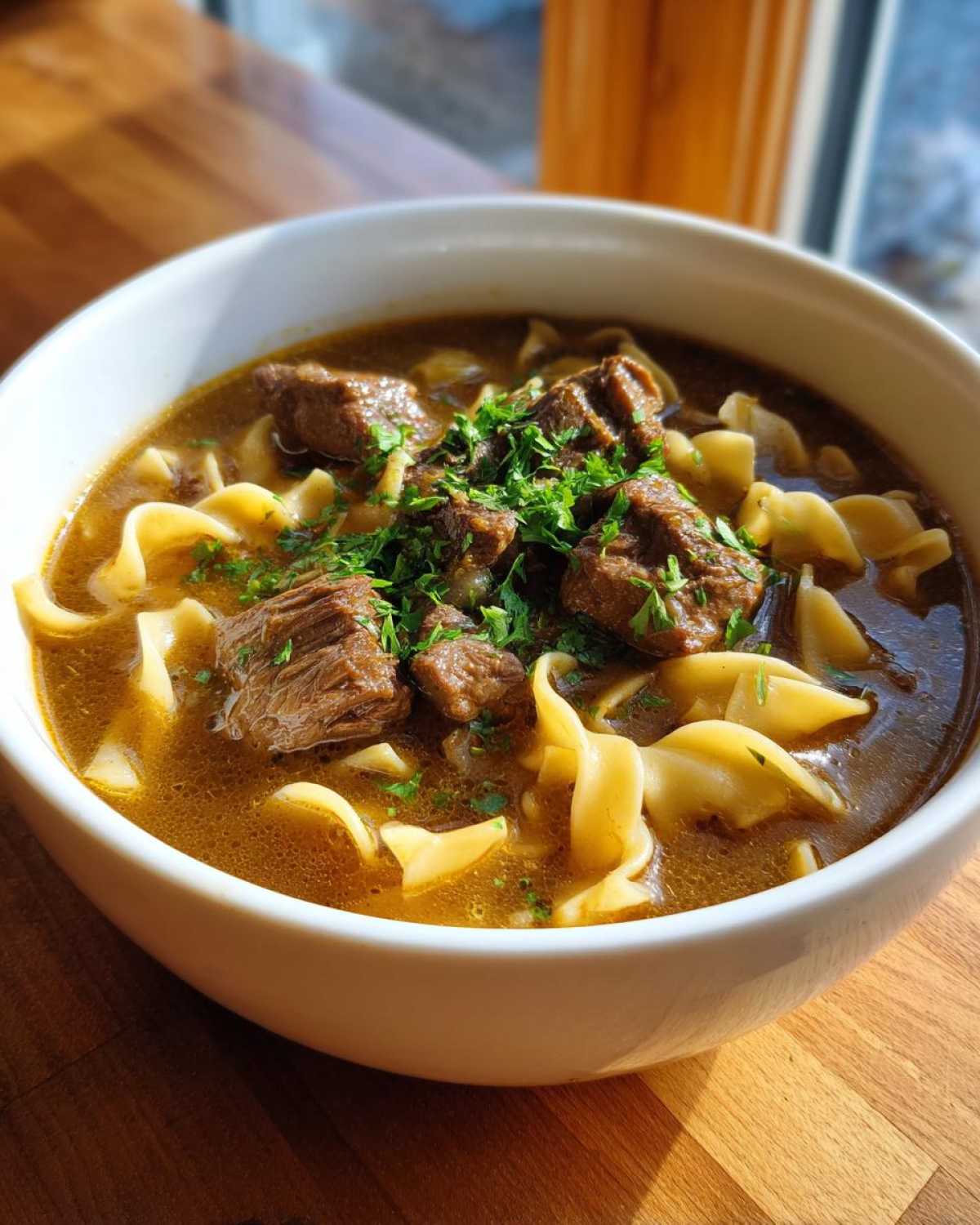 Close-up of a white bowl filled with rich beef noodle soup, featuring tender beef chunks and wide egg noodles, topped with fresh parsley.