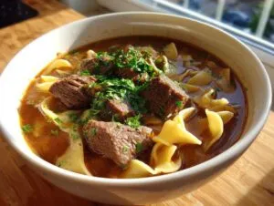 Close-up of a white bowl filled with rich, dark broth, tender chunks of beef, egg noodles, and fresh parsley, representing the beef noodle soup recipe.