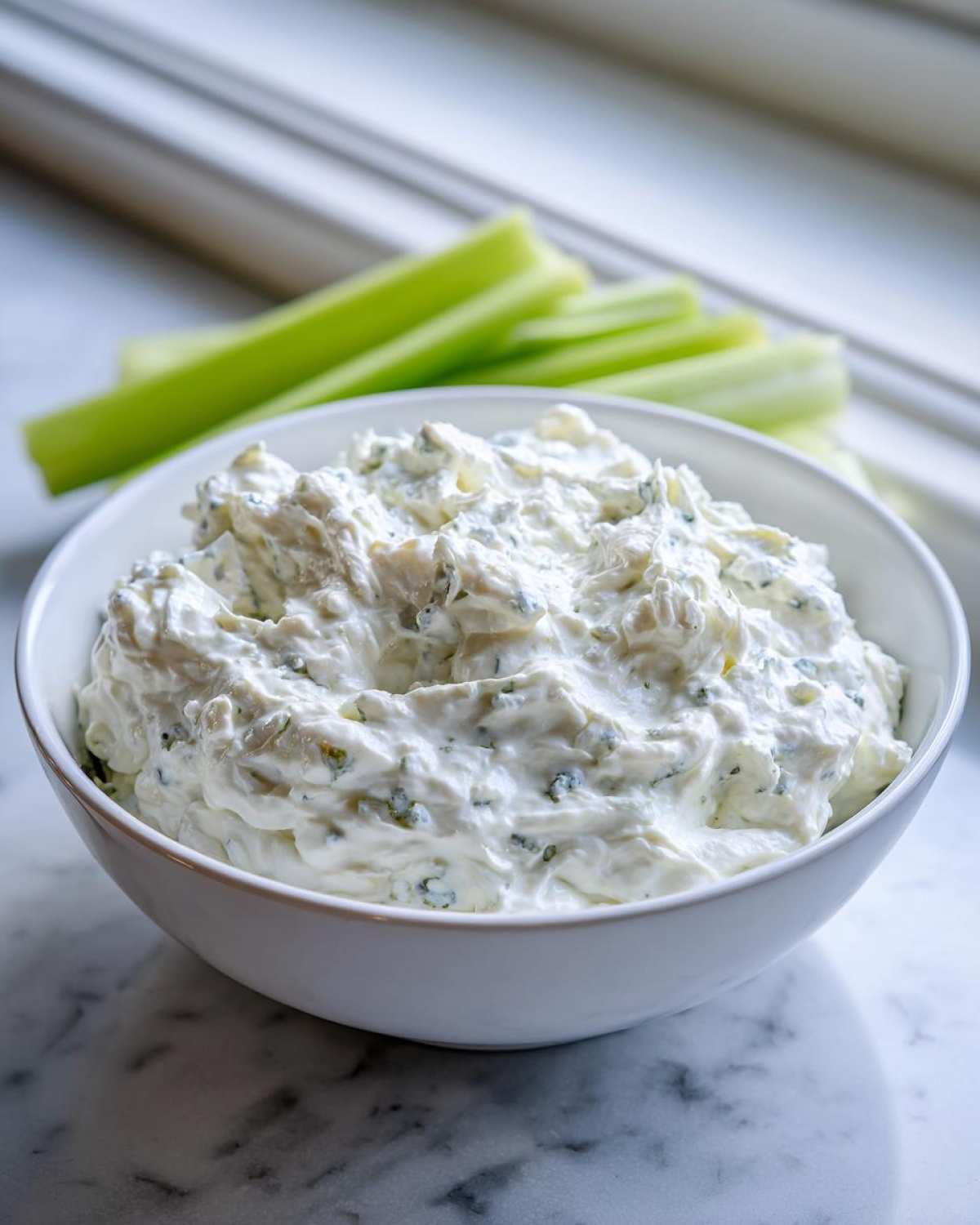 A bowl of creamy, chunky blue cheese dip served with fresh celery sticks in the background.