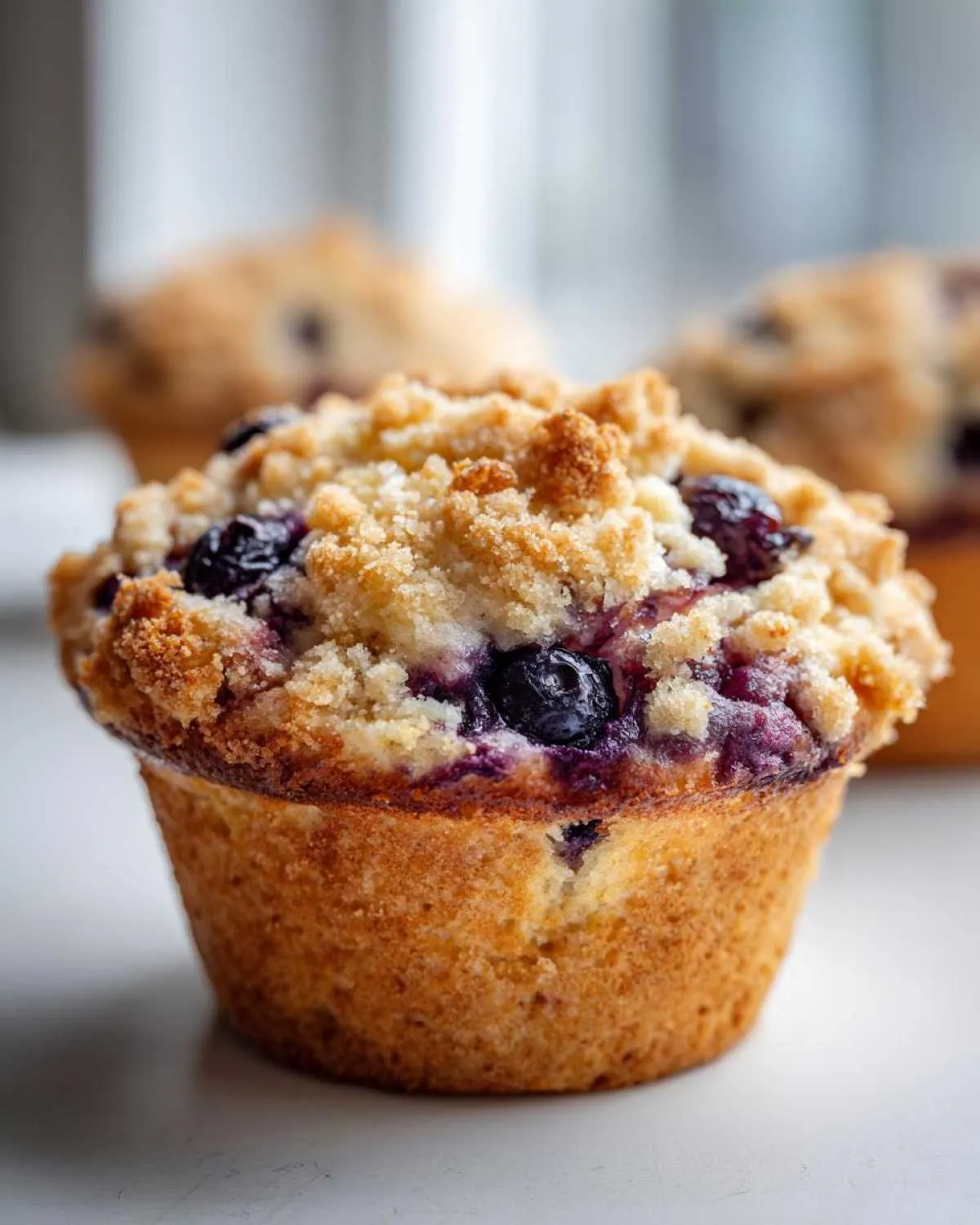 A close-up, focus shot of a perfectly baked blueberry muffin topped with golden streusel crumb.