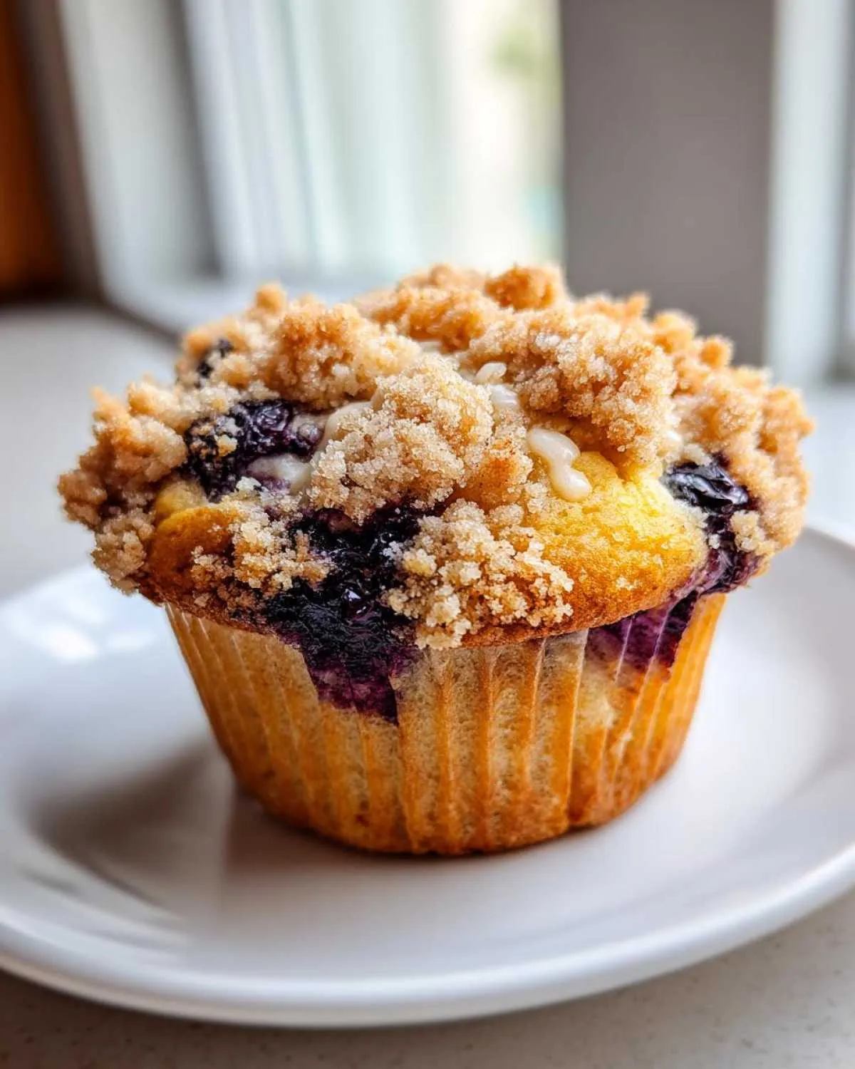 A close-up of a golden-brown blueberry muffin topped with a generous layer of streusel crumb, sitting on a white plate.
