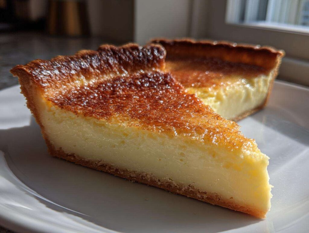 A close-up of a thick slice of buttermilk pie showing the creamy yellow filling and deeply caramelized top crust.