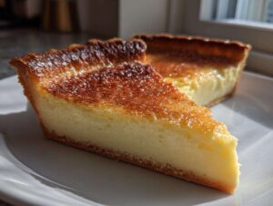 A close-up of a thick slice of buttermilk pie showing the creamy yellow filling and deeply caramelized top crust.