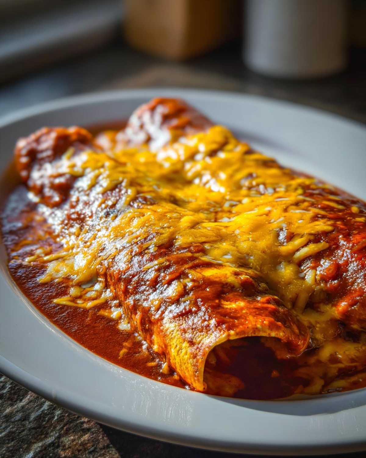 Close-up of two delicious cheese enchiladas smothered in red sauce and melted cheddar cheese.