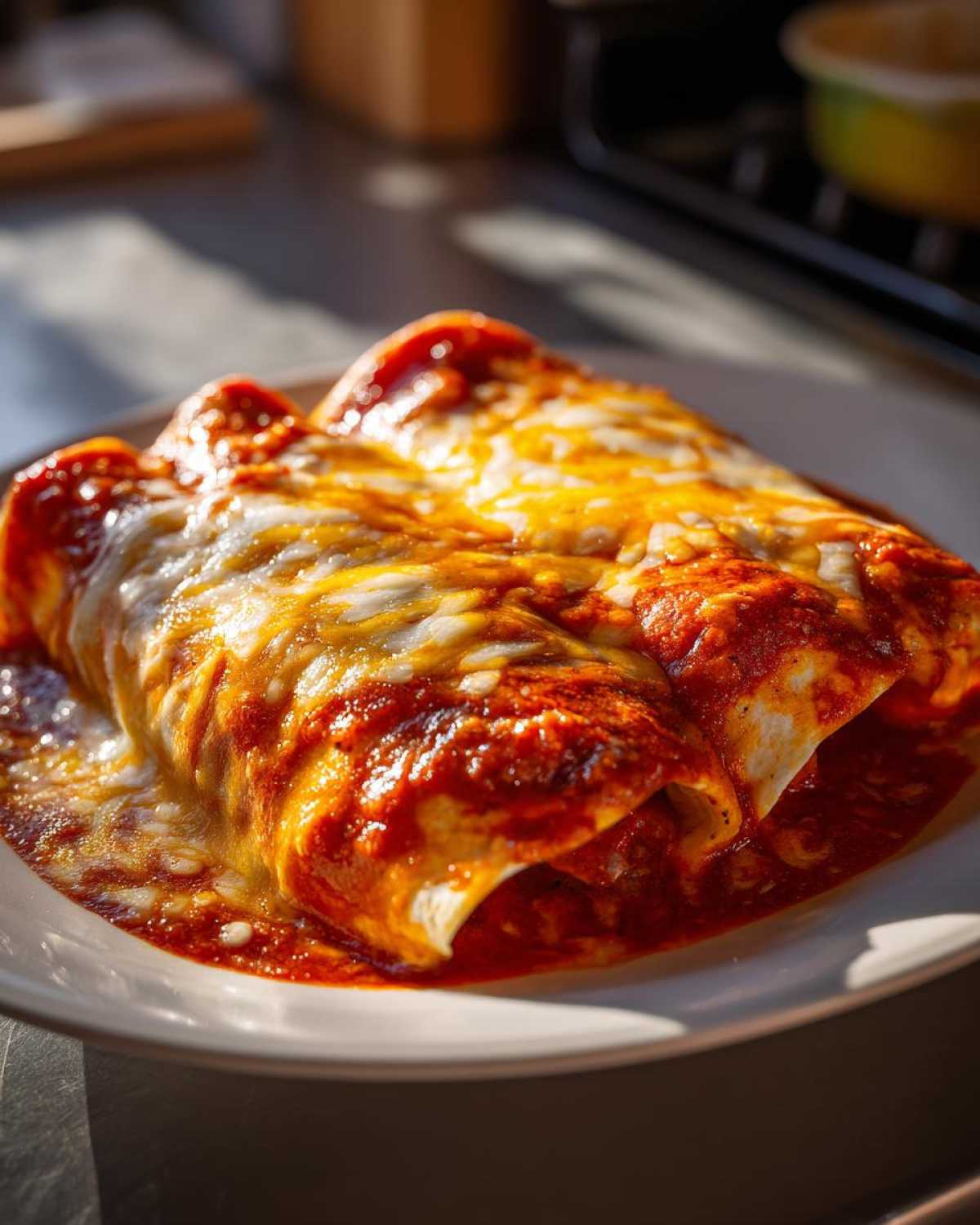 Two delicious cheese enchiladas smothered in red sauce and melted, bubbly cheese.