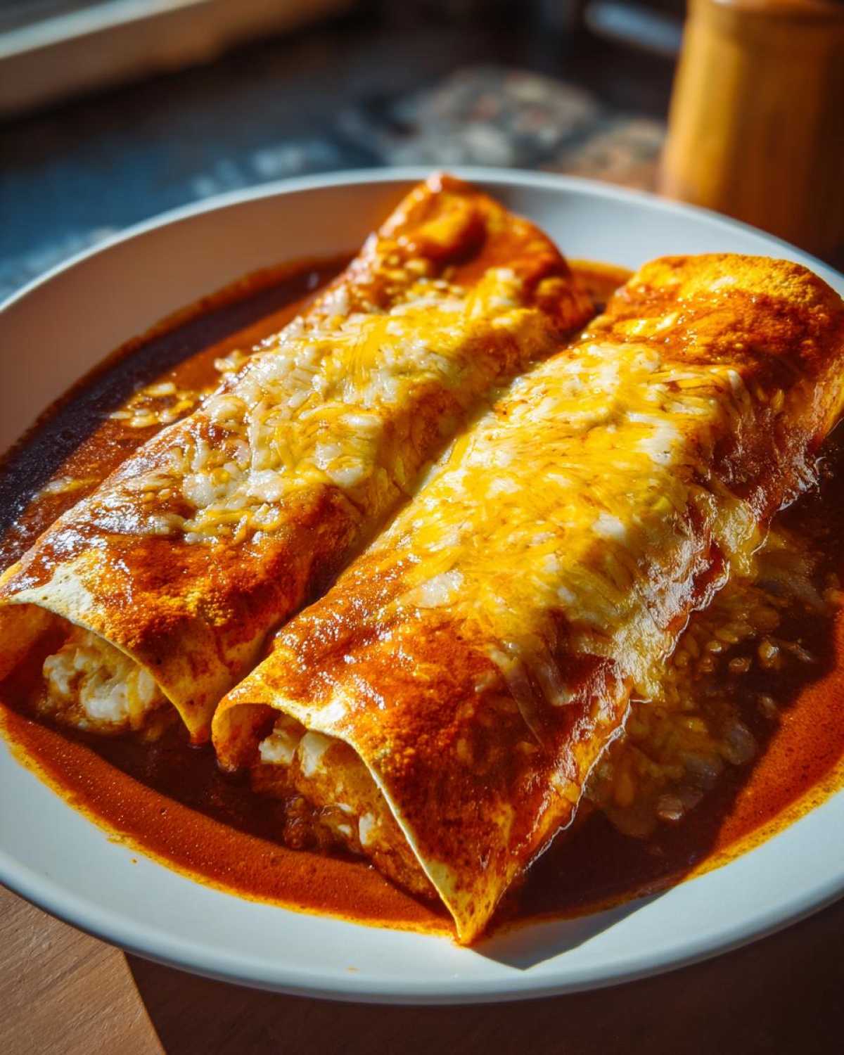 Two delicious cheese enchiladas smothered in red sauce and melted cheese, served on a white plate.