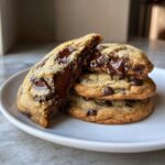 Close-up of a stack of three amazing chocolate chip cookie halves showing molten, gooey chocolate chips inside.