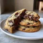 Close-up of a stack of three amazing chocolate chip cookie halves showing molten, gooey chocolate chips inside.