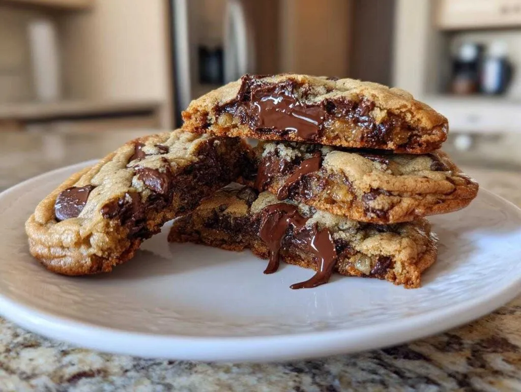 Stack of three halves of a warm chocolate chip cookie showing gooey, melted chocolate filling.