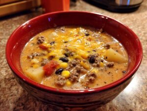 Close-up of a rich, creamy cowboy soup topped with melted cheddar cheese, ground beef, corn, and black beans.