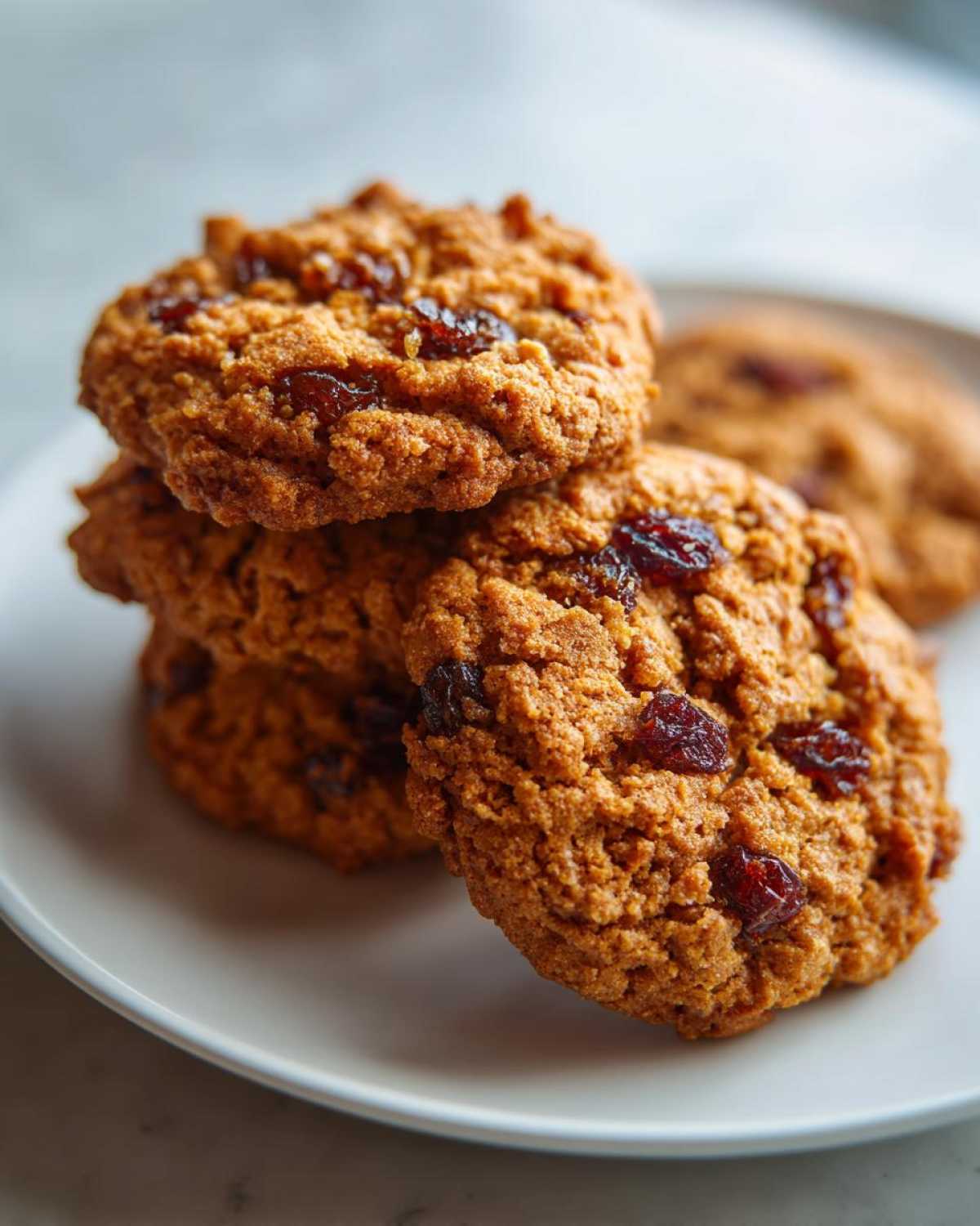 Close-up of a stack of golden brown fruitcake cookies studded with dark dried fruit on a white plate.