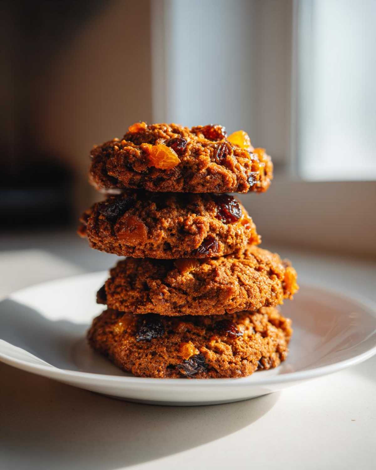A vertical stack of four rich, brown fruitcake cookies loaded with dried fruit, sitting on a white plate.