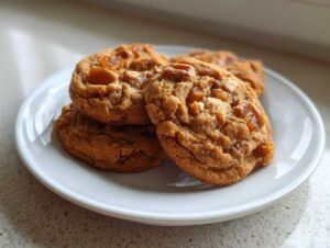 A stack of four golden brown fruitcake cookies, studded with candied fruit, resting on a small white plate.