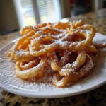 A plate piled high with freshly fried, golden brown funnel cake recipe pieces dusted generously with white powdered sugar.