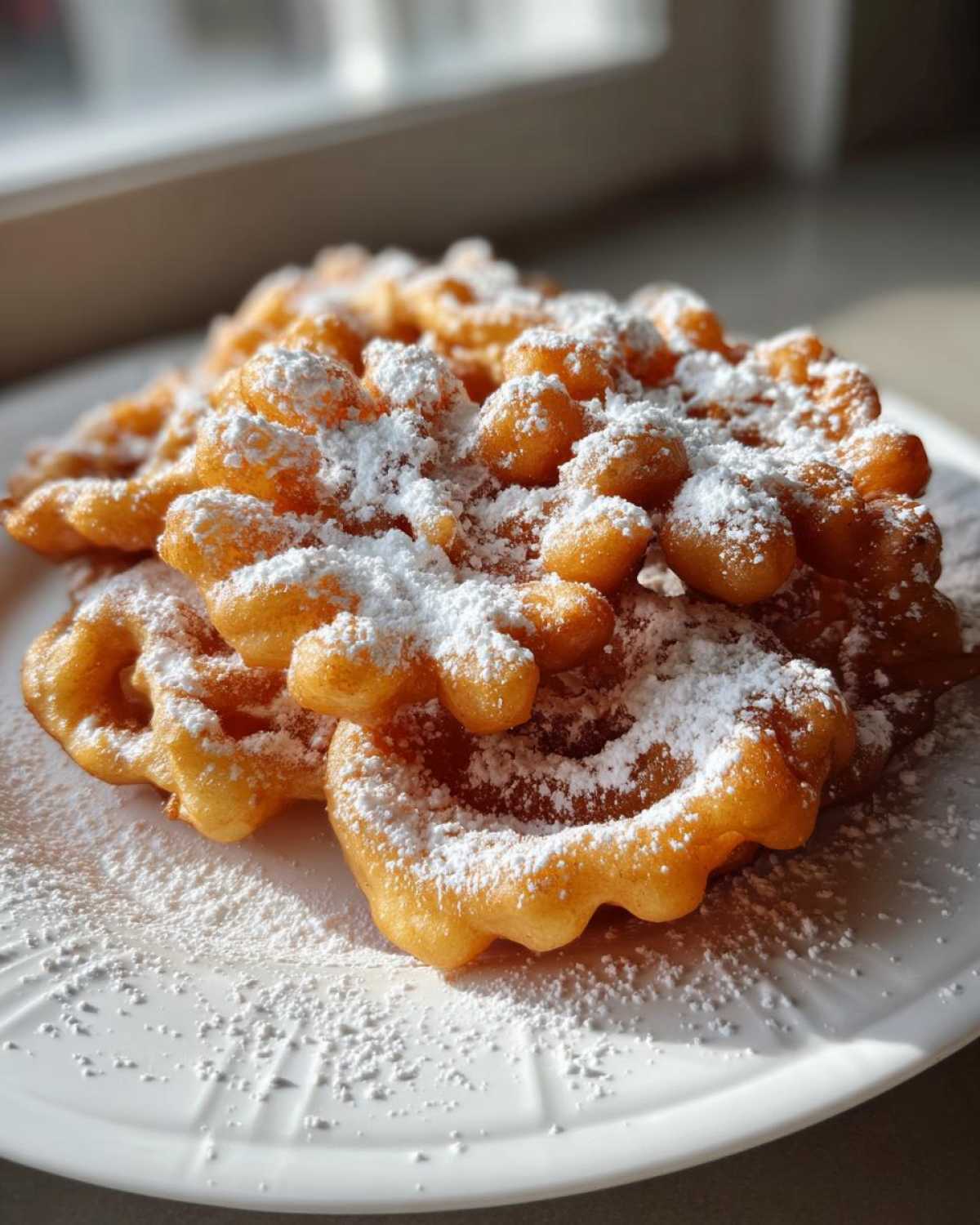 Close-up of golden brown, freshly fried funnel cake recipe pieces generously dusted with white powdered sugar on a white plate.