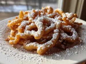 Close-up of a freshly made funnel cake recipe, golden brown and generously dusted with white powdered sugar.