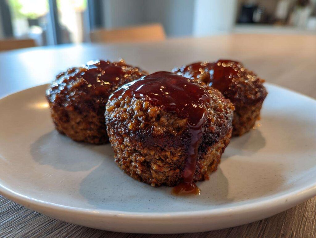 Three perfectly portioned mini meatloaf items topped with a thick, shiny brown glaze, served on a light plate.