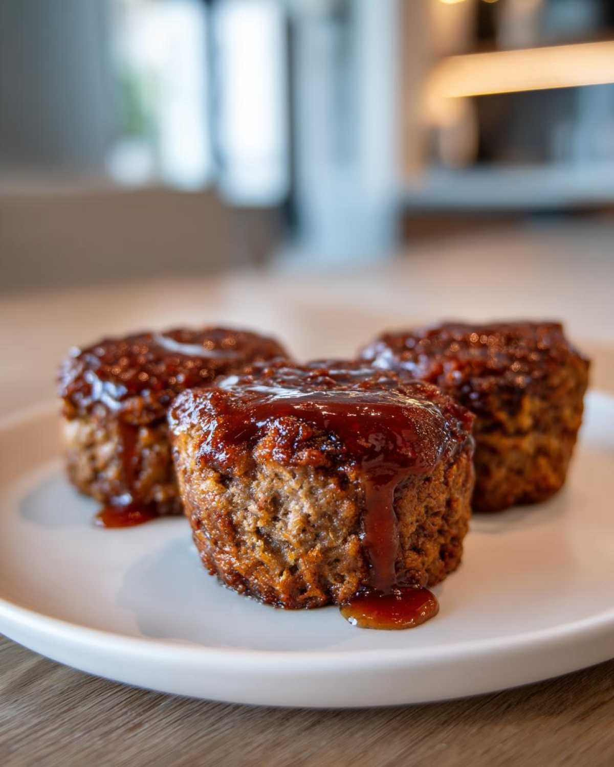 Three perfectly portioned mini meatloaf servings topped with a thick, sweet glaze, ready to eat.
