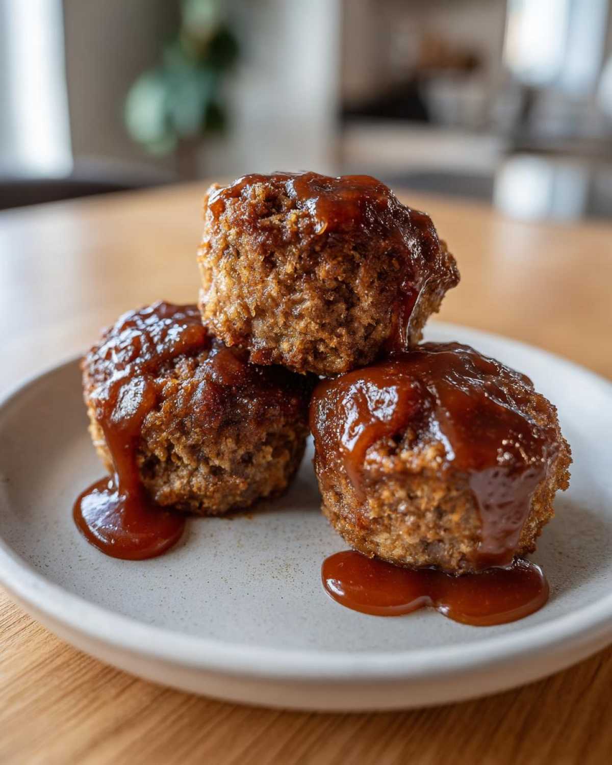 Three perfectly portioned mini meatloaf servings stacked and generously covered in a rich, dark glaze.