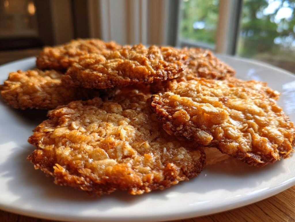 Close-up of several golden brown, crispy oatmeal lace cookies stacked on a white plate near a window.