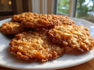 Close-up of several golden brown, crispy oatmeal lace cookies stacked on a white plate near a window.