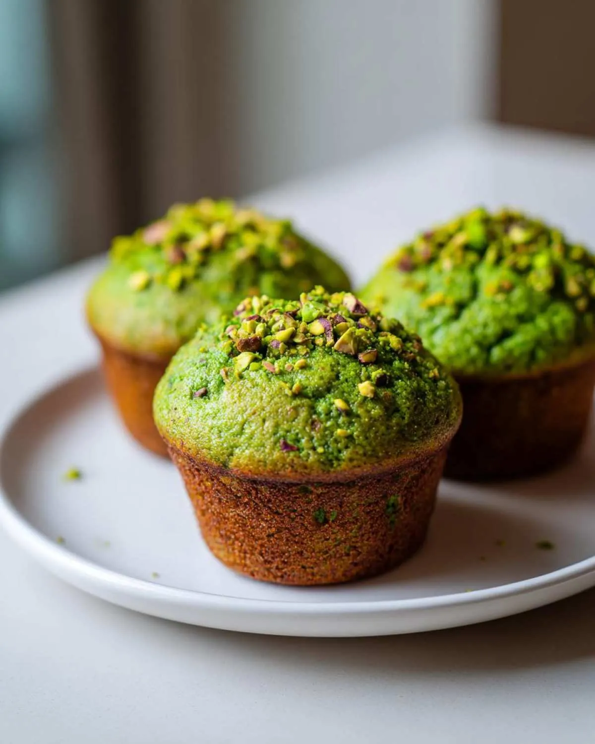 Three vibrant green pistachio muffins, generously topped with chopped pistachios, resting on a white plate.