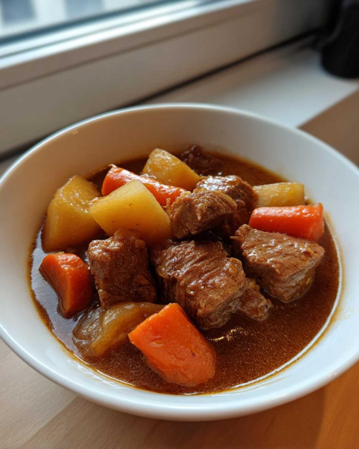Close-up of a white bowl filled with rich, brown pork stew featuring tender chunks of pork, carrots, and potatoes.