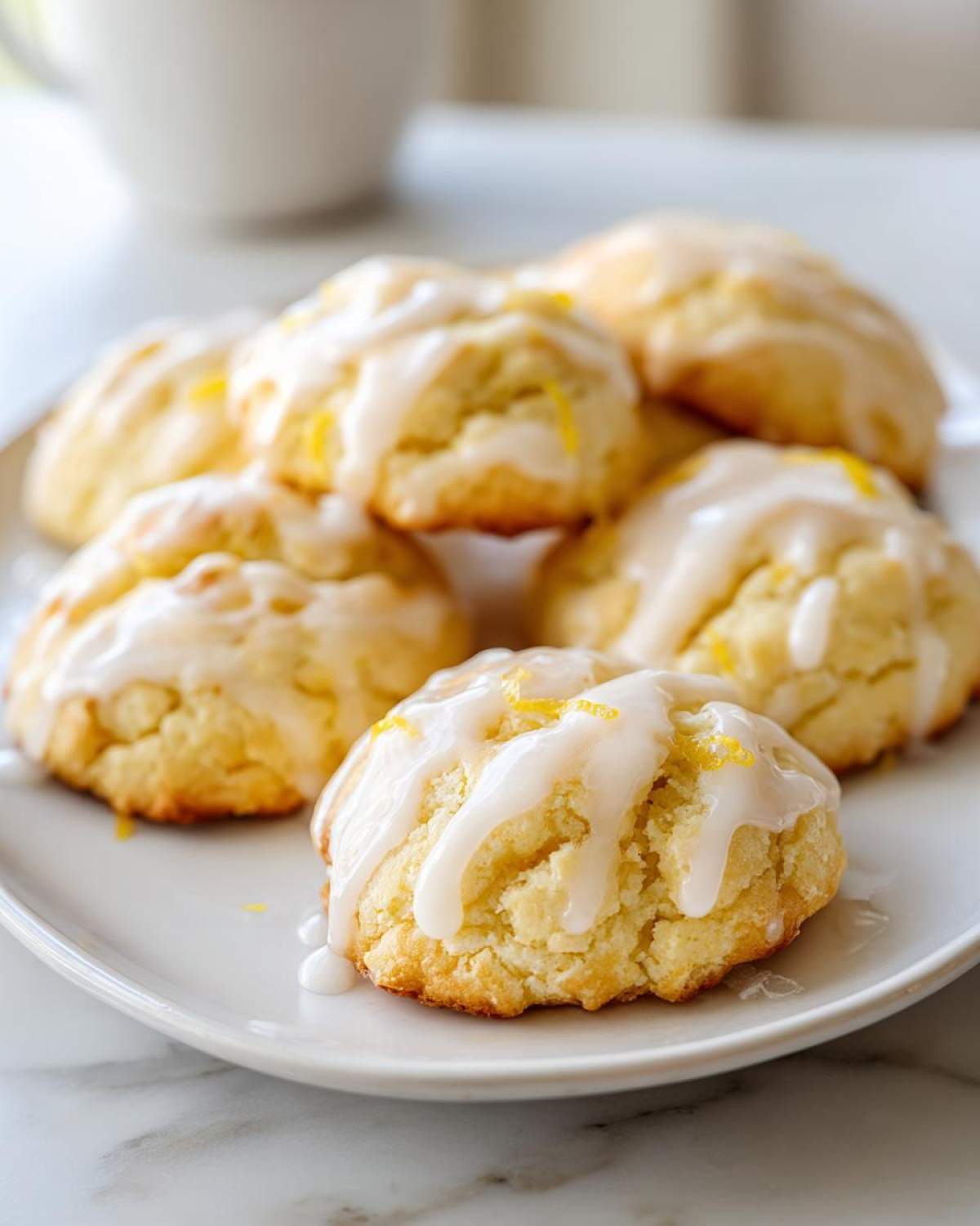A plate piled high with soft ricotta cookies drizzled generously with a white lemon glaze and lemon zest.