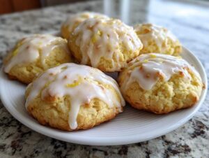 A plate of soft, fluffy ricotta cookies topped with a thick, dripping lemon glaze and zest.