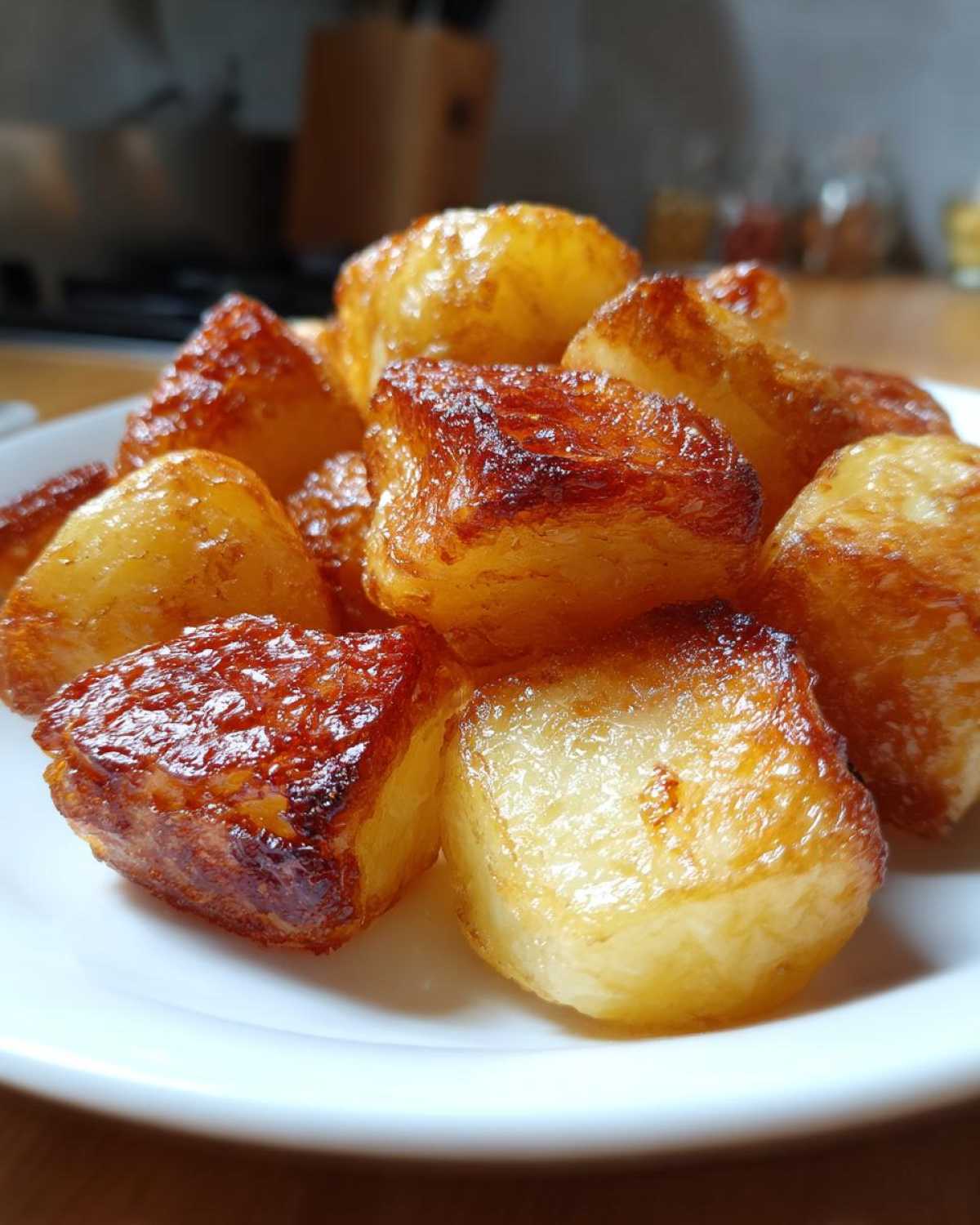 A close-up of golden brown, perfectly crispy roast potatoes piled high on a white plate.