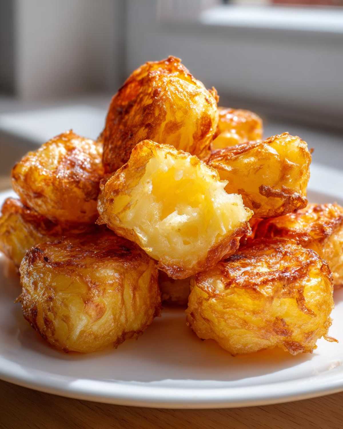 A close-up of perfectly golden and crispy roast potatoes stacked high on a white plate, showing fluffy interiors.
