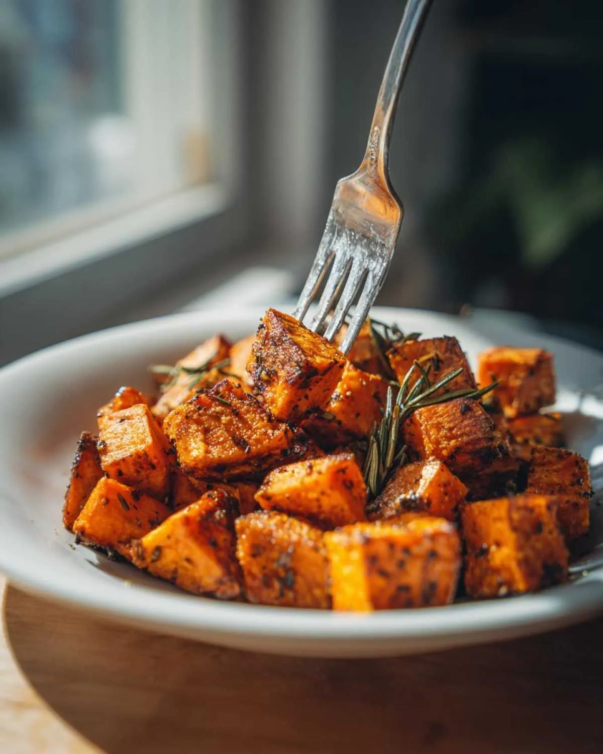 A fork piercing a piece of perfectly seasoned roasted sweet potatoes in a white bowl.