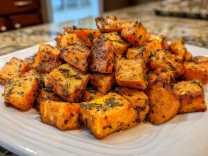 A pile of perfectly seasoned roasted sweet potatoes cubes garnished with herbs on a white plate.