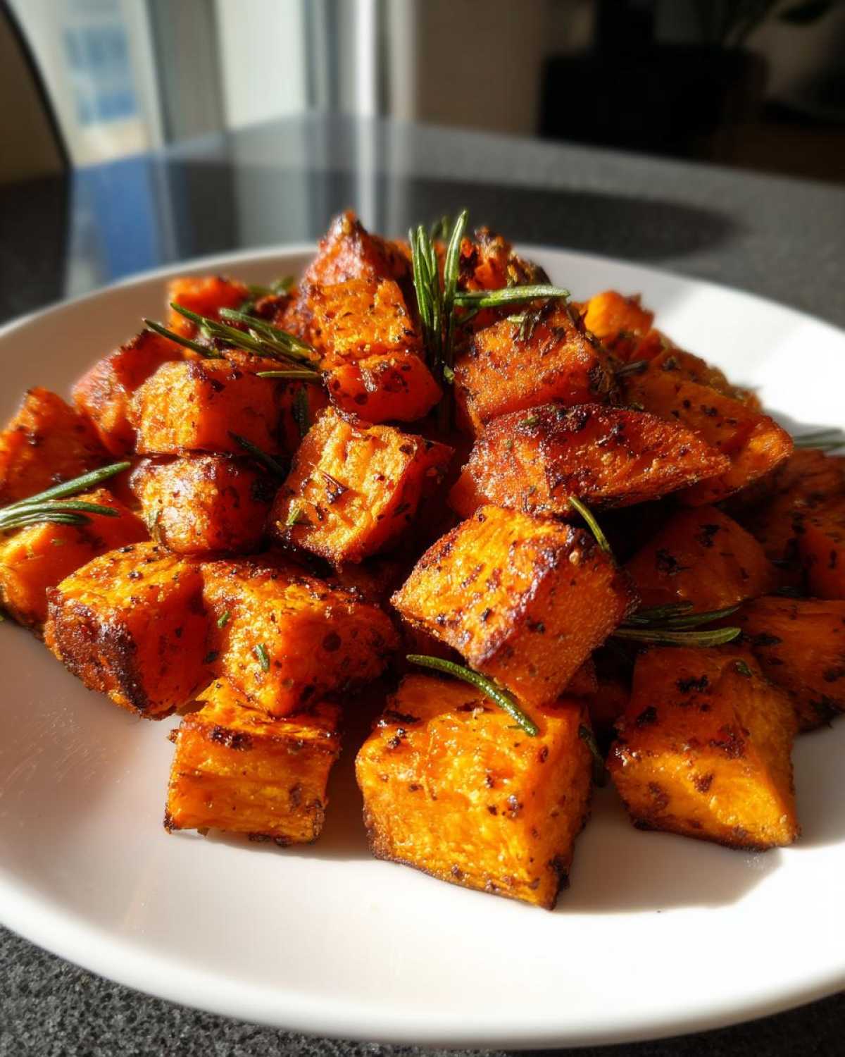 A close-up of golden brown roasted sweet potatoes cubes seasoned with herbs and garnished with fresh rosemary sprigs.