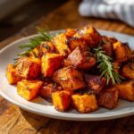 Close-up of caramelized roasted sweet potatoes cubes seasoned with herbs, likely rosemary.
