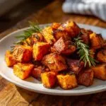 Close-up of caramelized roasted sweet potatoes cubes seasoned with herbs, likely rosemary.