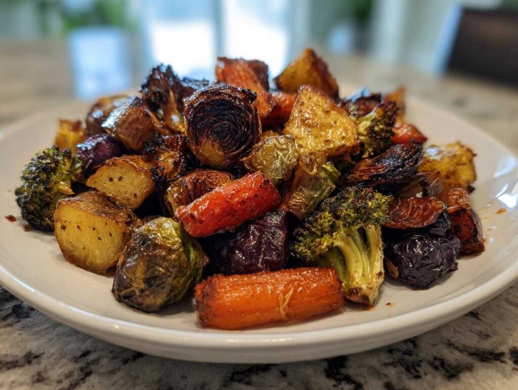 A close-up of perfectly caramelized roasted vegetables, including potatoes, carrots, broccoli, and Brussels sprouts.