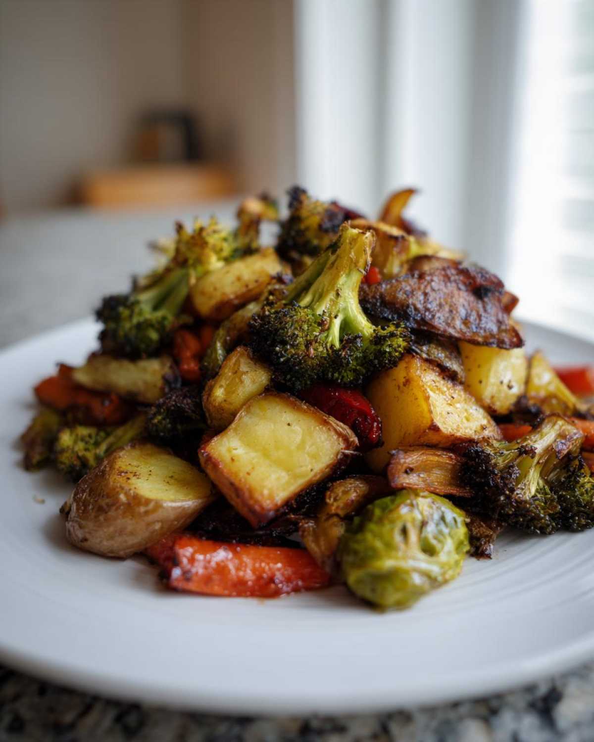 A close-up of a white plate piled high with perfectly seasoned and caramelized roasted vegetables, including potatoes, broccoli, carrots, and Brussels sprouts.