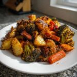 A close-up of perfectly seasoned and caramelized roasted vegetables, including potatoes, broccoli, and carrots, served on a white plate.