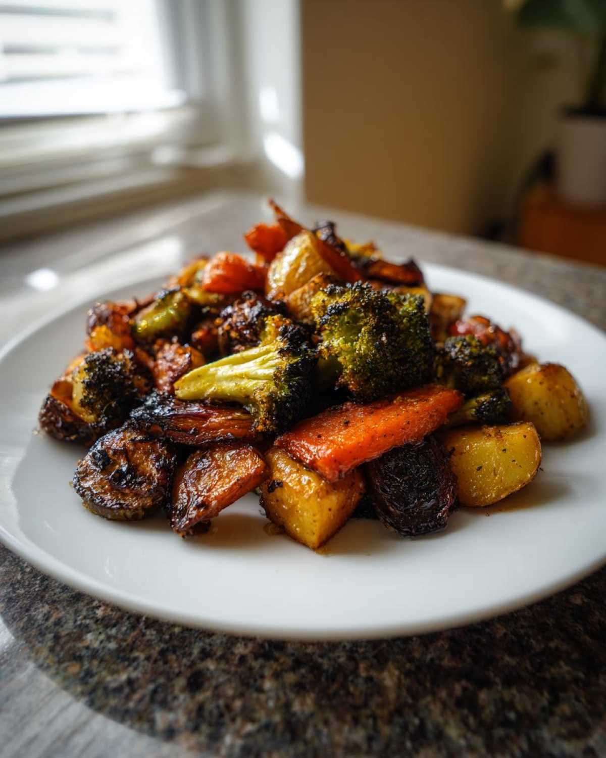 A close-up of perfectly caramelized roasted vegetables, including broccoli, carrots, and potatoes, served on a white plate.