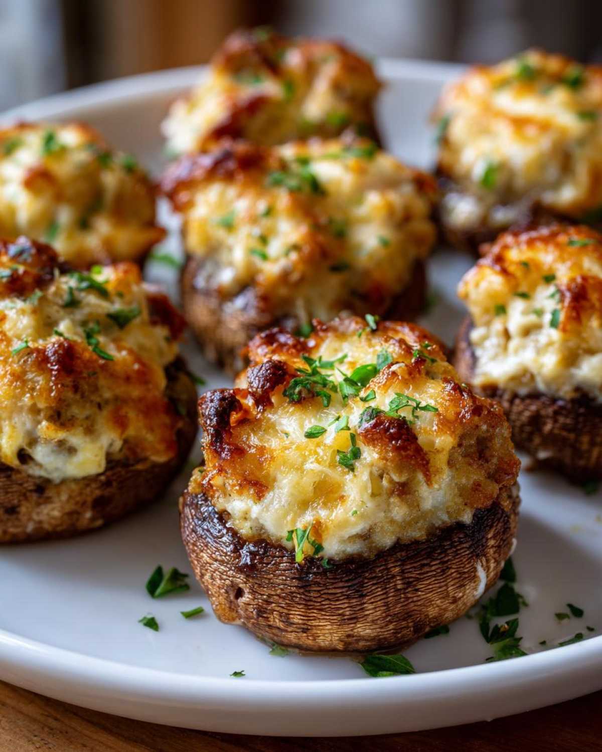 Close-up of baked sausage stuffed mushrooms with golden-brown, cheesy tops, garnished with parsley.