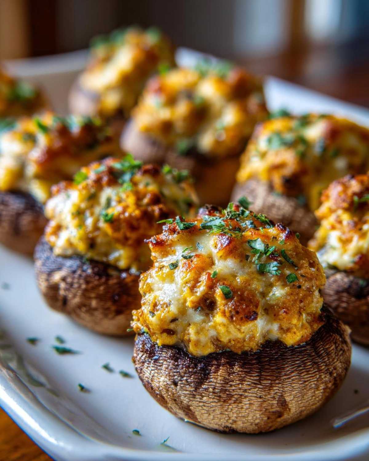 Close-up of baked sausage stuffed mushrooms topped with melted cheese and fresh parsley.