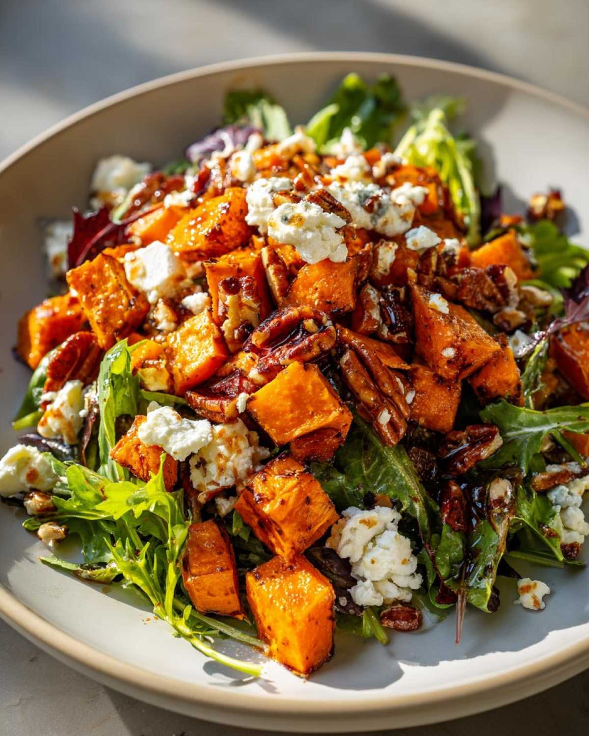 A vibrant bowl of sweet potato salad featuring roasted sweet potato cubes, crumbled cheese, pecans, and mixed greens.