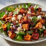 Close-up of a vibrant sweet potato salad featuring roasted sweet potato cubes, mixed greens, blue cheese crumbles, and pecans.