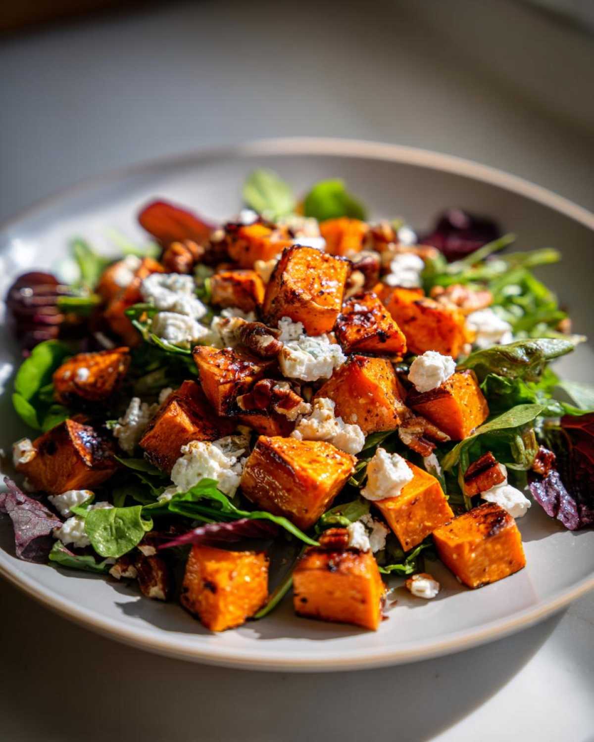A close-up, sunlit photo of a vibrant sweet potato salad featuring roasted orange sweet potato cubes, crumbled white cheese, and pecans over mixed greens.
