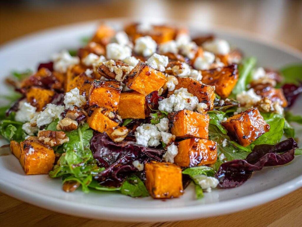 Close-up of amazing sweet potato salad featuring glazed sweet potato cubes, crumbled feta cheese, pecans, and mixed greens.