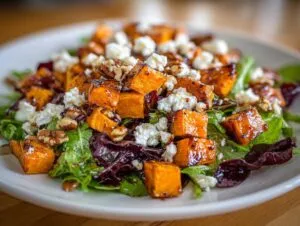 Close-up of amazing sweet potato salad featuring glazed sweet potato cubes, crumbled feta cheese, pecans, and mixed greens.