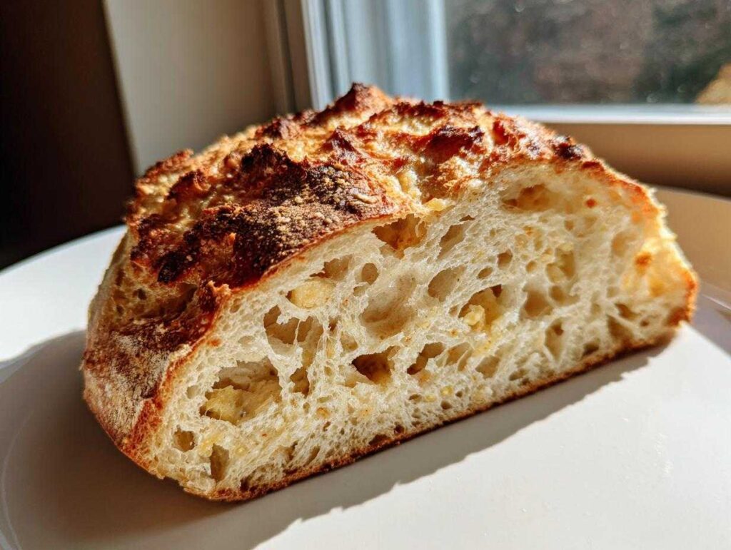 Close-up of a freshly baked artisan bread slice showing a beautiful open crumb structure and dark, crusty top.