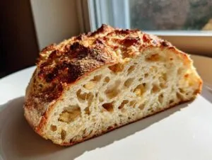 Close-up of a freshly baked artisan bread slice showing a beautiful open crumb structure and dark, crusty top.