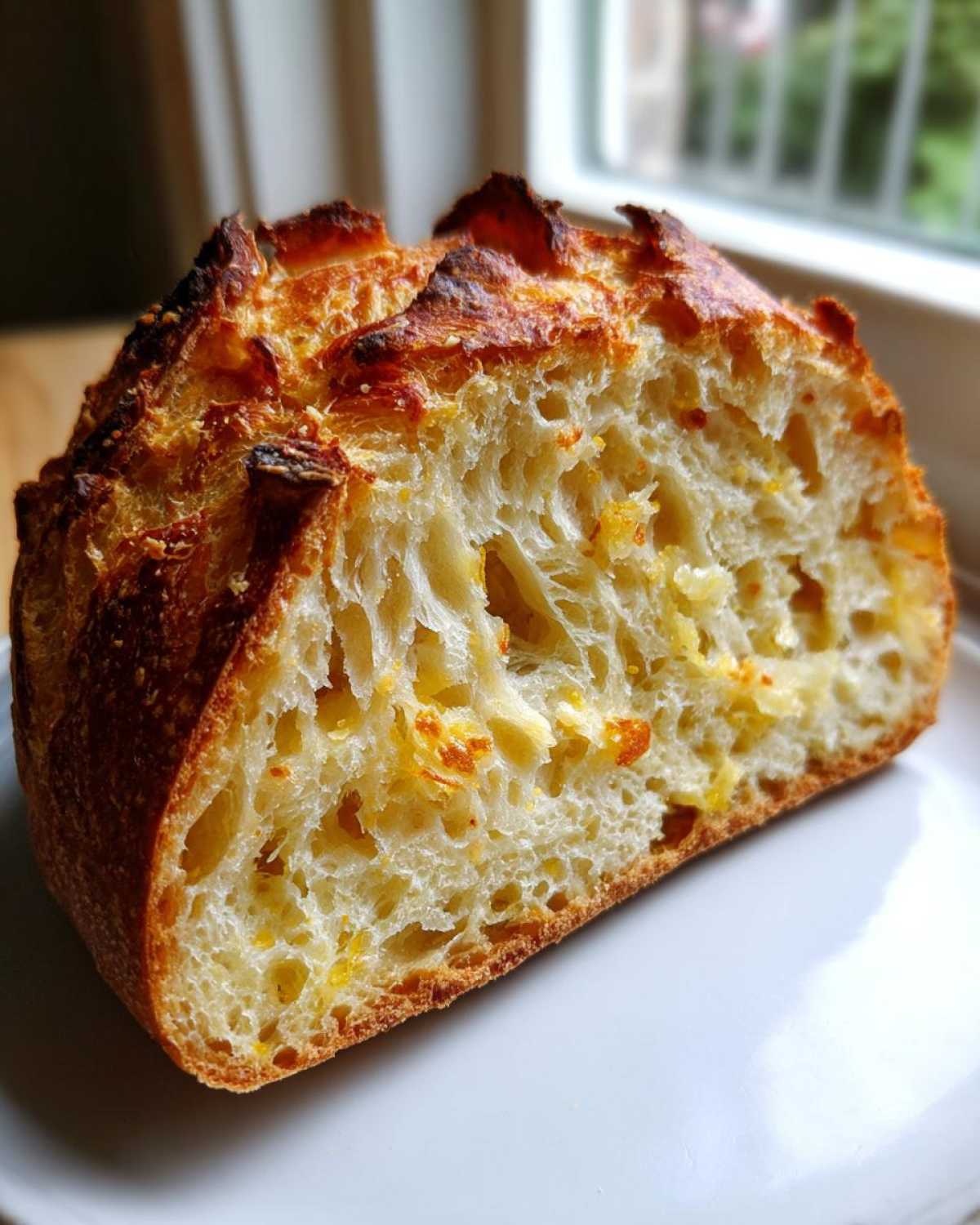 Close-up of a thick slice of artisan bread showing a beautiful open crumb structure and dark, crusty top.